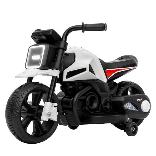 Motocicleta Electrica cu 2 Roti Mari si 2 Roti Ajutatoare, Acumulator Incarcare, Anti-Rasturnare, Lumini, Muzica, Motor:380, Baterie 6V4.5, 41.5x70x34 cm, 4.5 Kg, 3 Ani+, Alb Negru