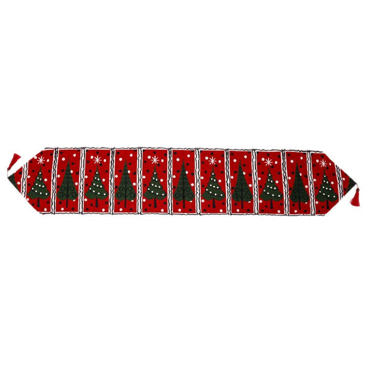 Napron Decorativ pentru Masa, Model Brazi de Craciun, Tematica Craciun, 35 x 180 cm, Rosu/Verde