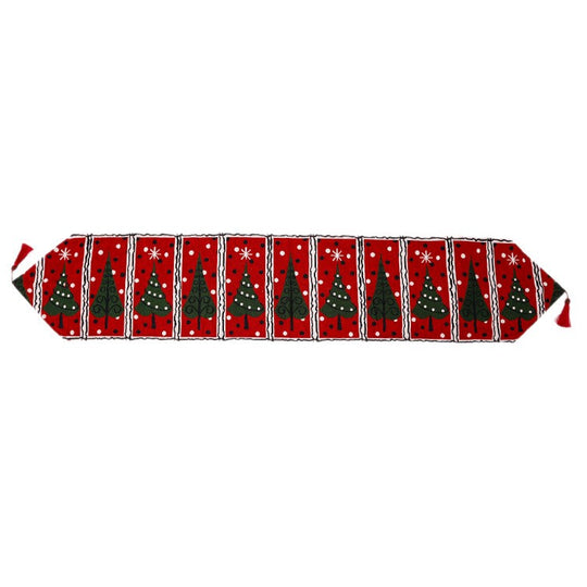 Napron Decorativ pentru Masa, Model Brazi de Craciun, Tematica Craciun, 35 x 180 cm, Rosu/Verde