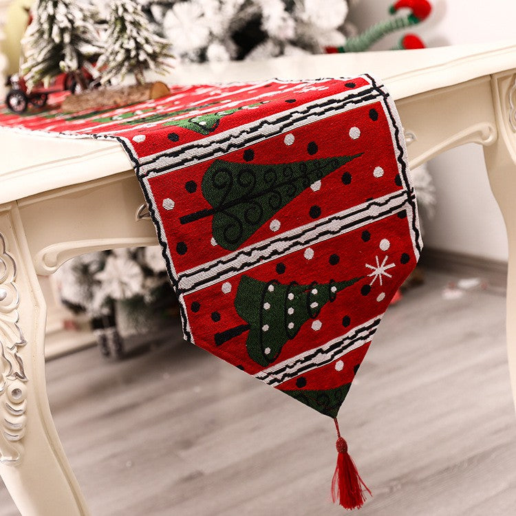 Napron Decorativ pentru Masa, Model Brazi de Craciun, Tematica Craciun, 35 x 180 cm, Rosu/Verde