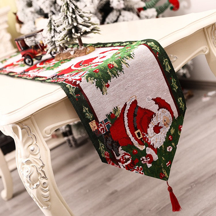Napron Decorativ pentru Masa, Model Mos Craciun, Tematica Craciun, 35 x 180 cm, Rosu/Verde