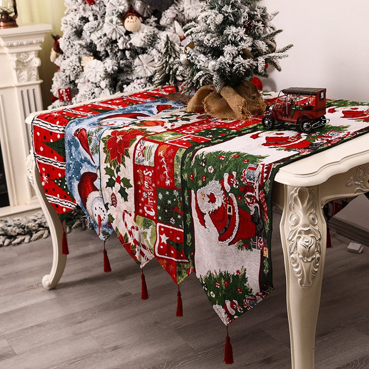 Napron Decorativ pentru Masa, Model Mos Craciun, Tematica Craciun, 35 x 180 cm, Rosu/Verde