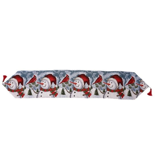 Napron Decorativ pentru Masa, Model Oameni de Zapada, Tematica Craciun, 35 x 180 cm, Rosu/Verde