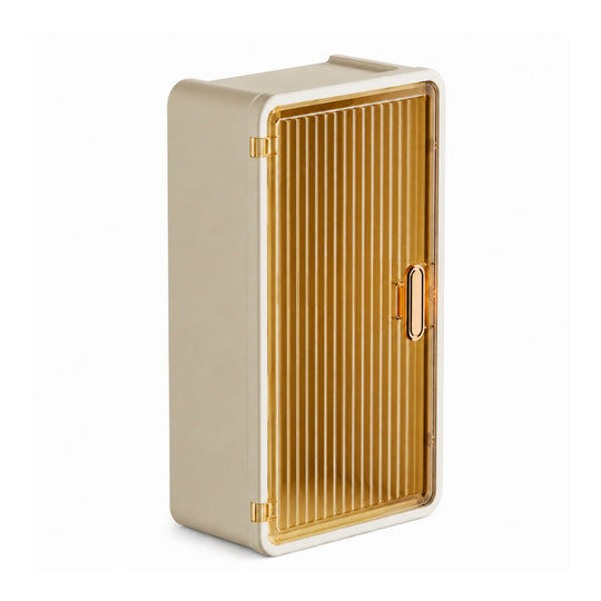 Organizator Cosmetice, Montare pe Perete fara Perforare, 36.5x10.9x20 cm, cu 3 Rafturi, din PP si ABS, Bej, Usa Transparenta