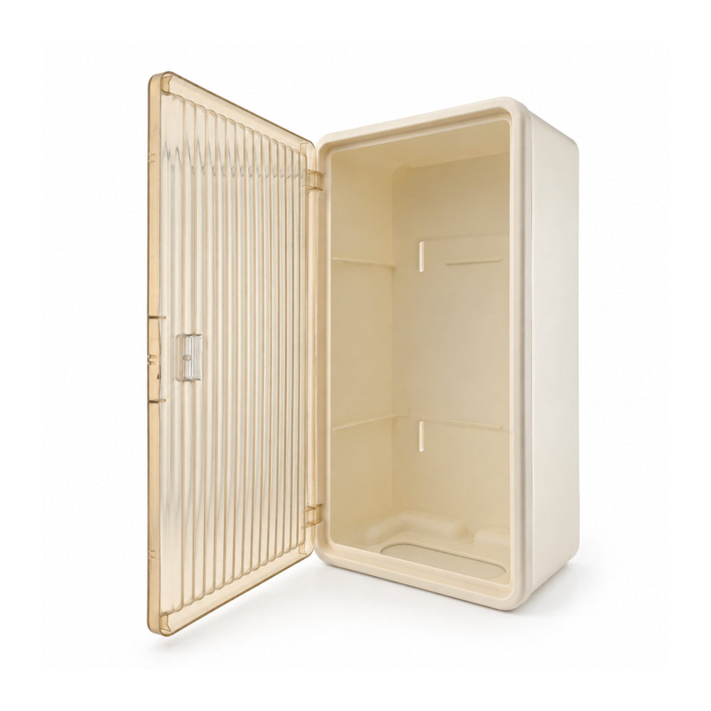 Organizator Cosmetice, Montare pe Perete fara Perforare, 36.5x10.9x20 cm, cu 3 Rafturi, din PP si ABS, Bej, Usa Transparenta