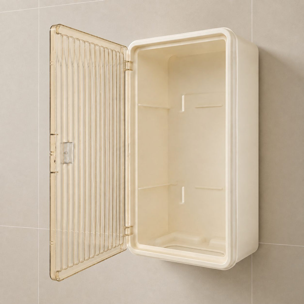 Organizator Cosmetice, Montare pe Perete fara Perforare, 36.5x10.9x20 cm, cu 3 Rafturi, din PP si ABS, Bej, Usa Transparenta