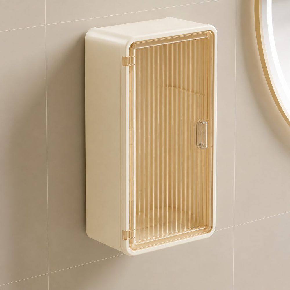 Organizator Cosmetice, Montare pe Perete fara Perforare, 36.5x10.9x20 cm, cu 3 Rafturi, din PP si ABS, Bej, Usa Transparenta