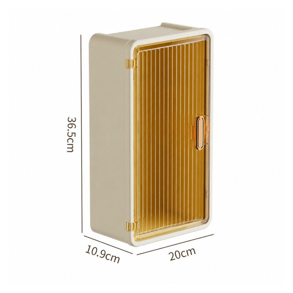Organizator Cosmetice, Montare pe Perete fara Perforare, 36.5x10.9x20 cm, cu 3 Rafturi, din PP si ABS, Bej, Usa Transparenta