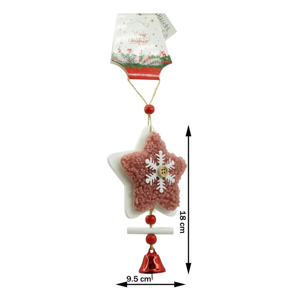 Ornament de brad broderie cu stea, roz, lemn, 18 cm