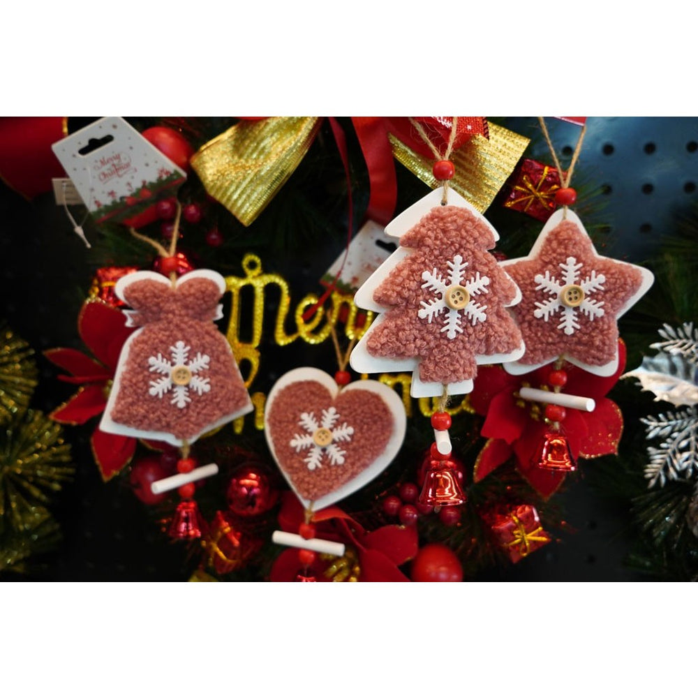 Ornament de brad broderie cu stea, roz, lemn, 18 cm