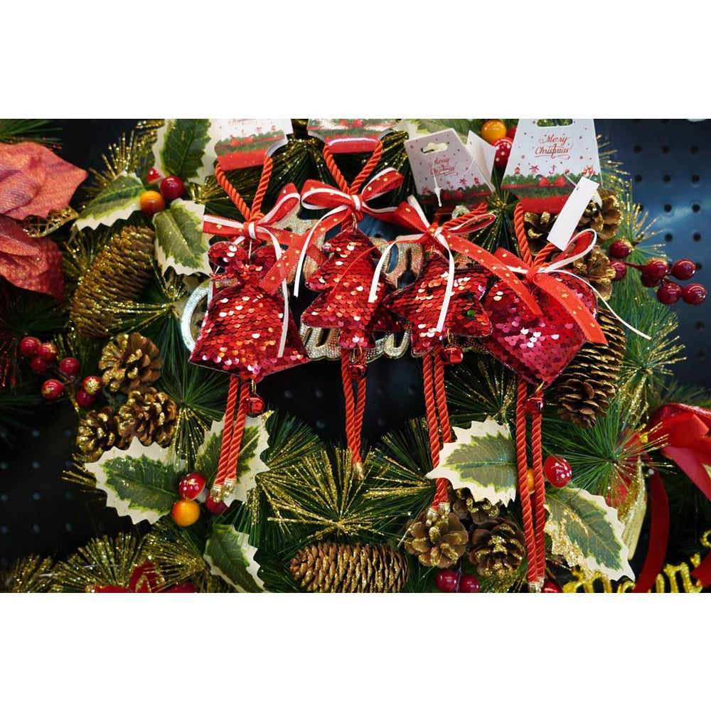 Ornament de brad clopotel cu paiete, rosu, lemn, 25 cm