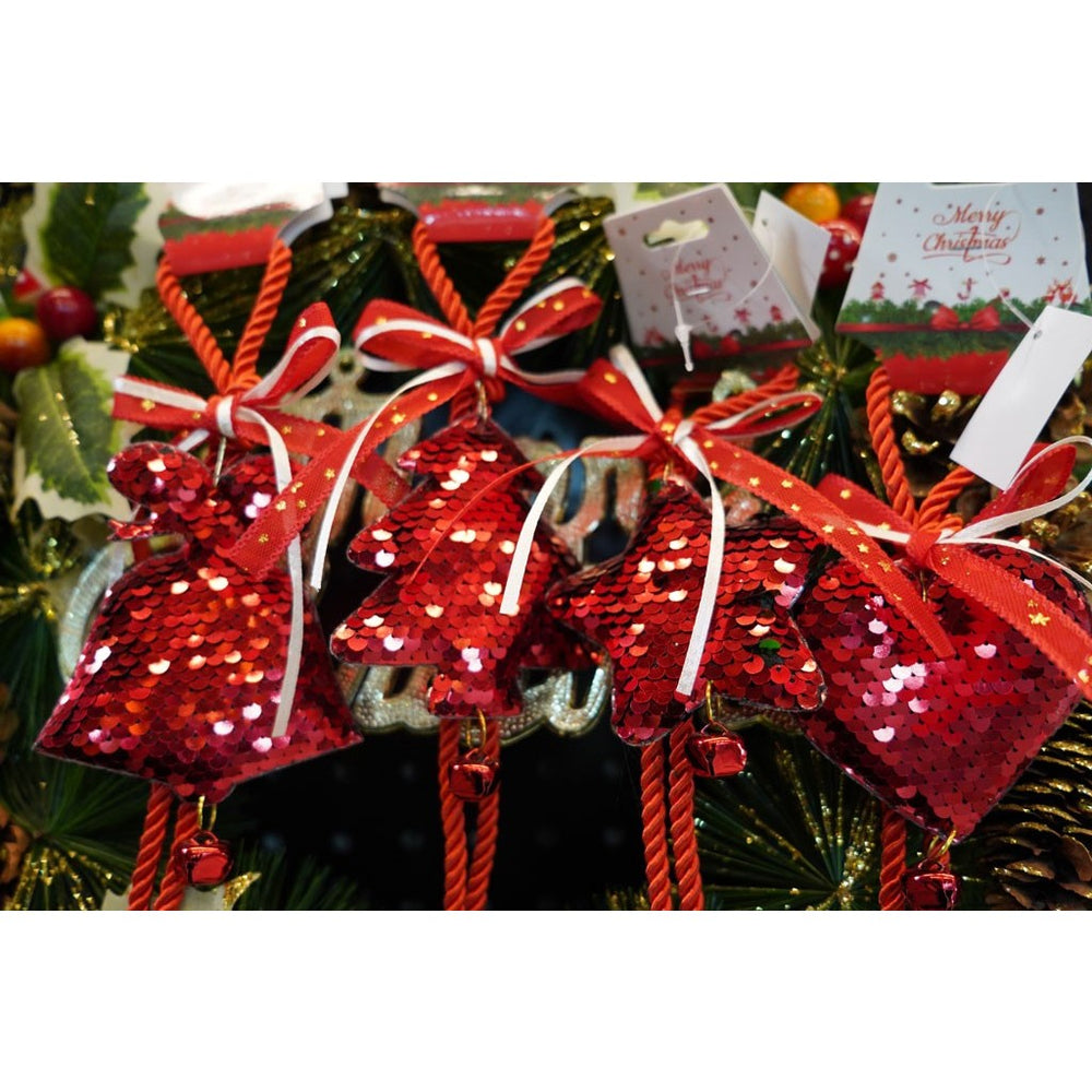 Ornament de brad clopotel cu paiete, rosu, lemn, 25 cm