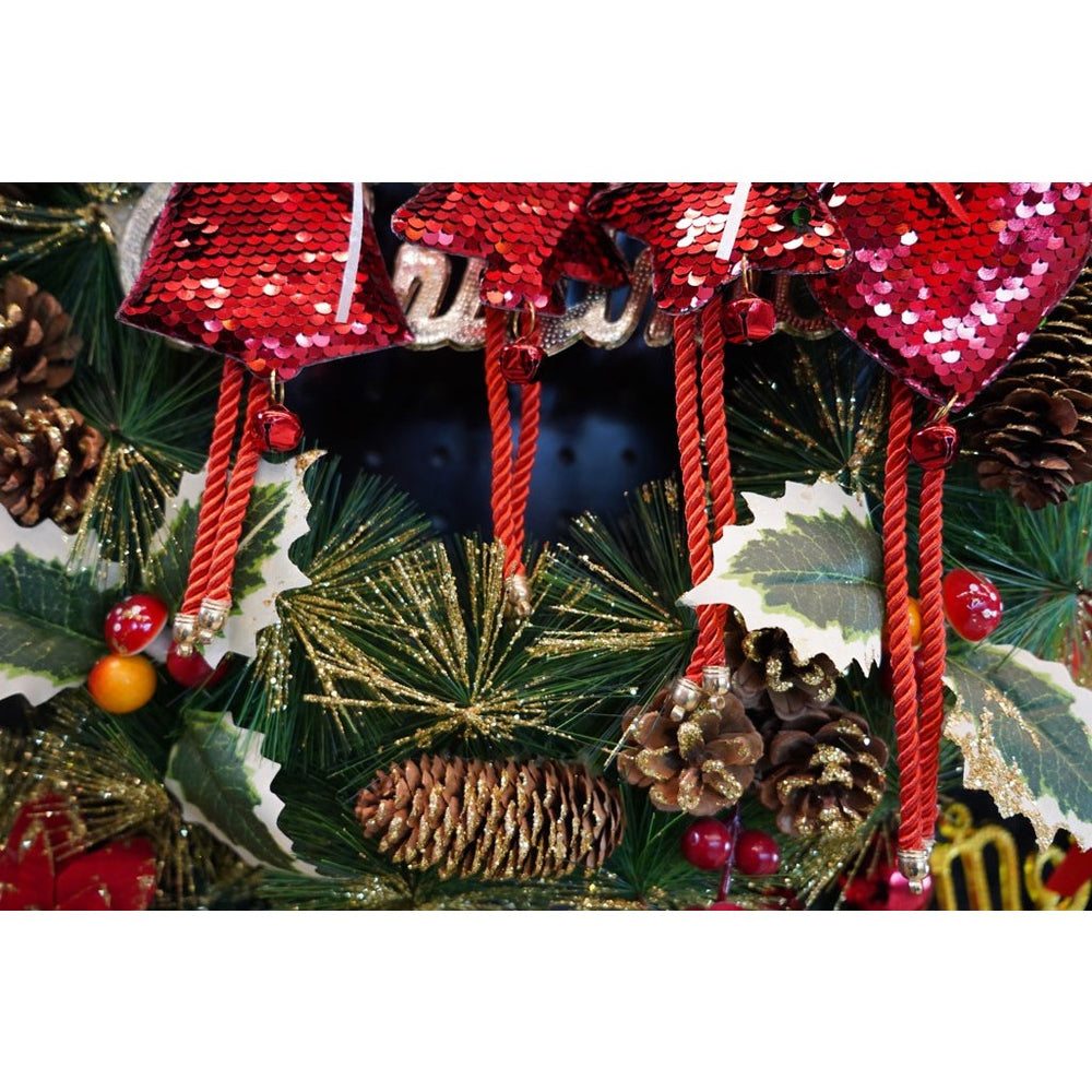 Ornament de brad clopotel cu paiete, rosu, lemn, 25 cm