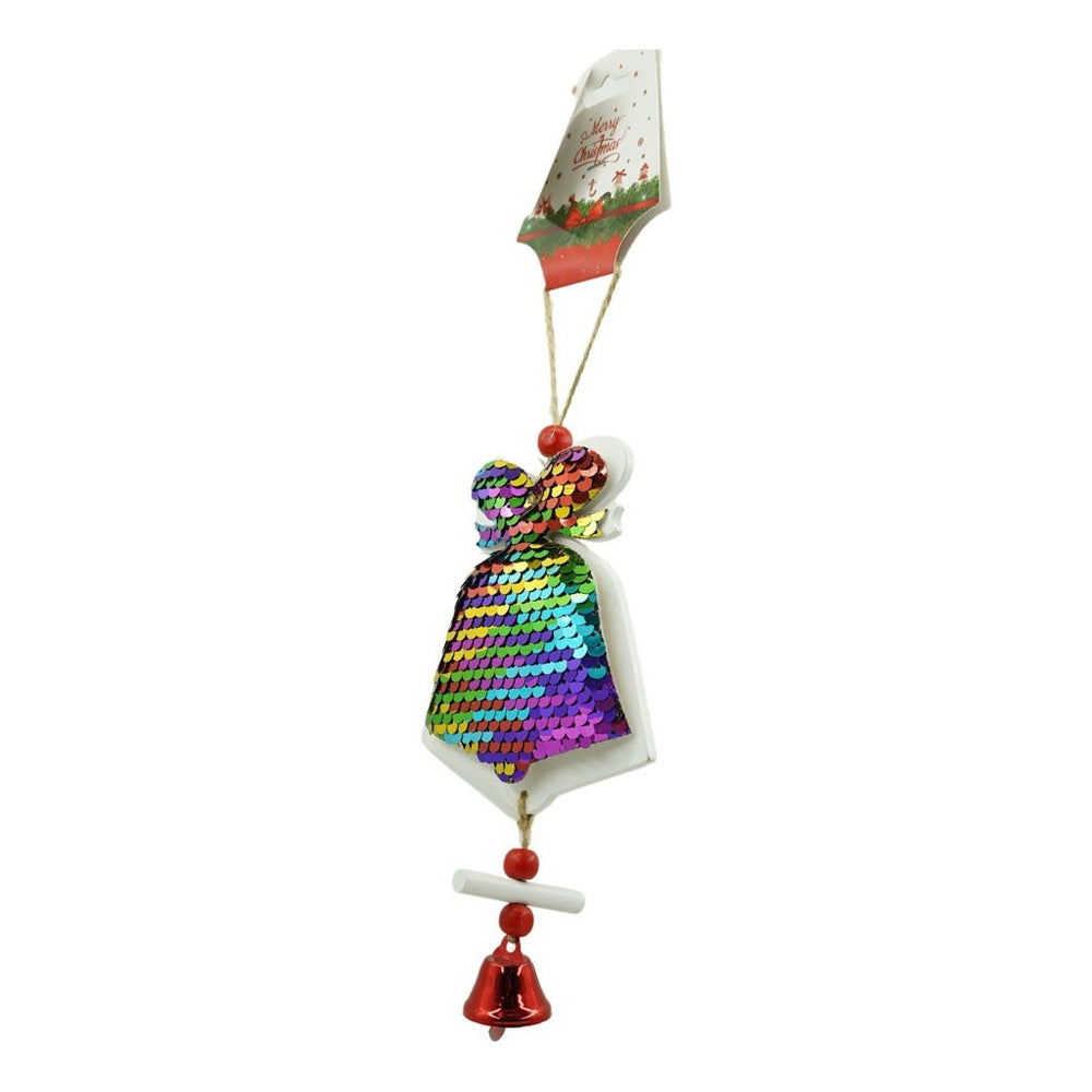 Ornament de brad clopotel din paiete, multicolor, lemn, 18 cm