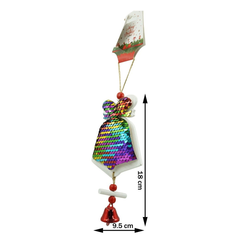 Ornament de brad clopotel din paiete, multicolor, lemn, 18 cm
