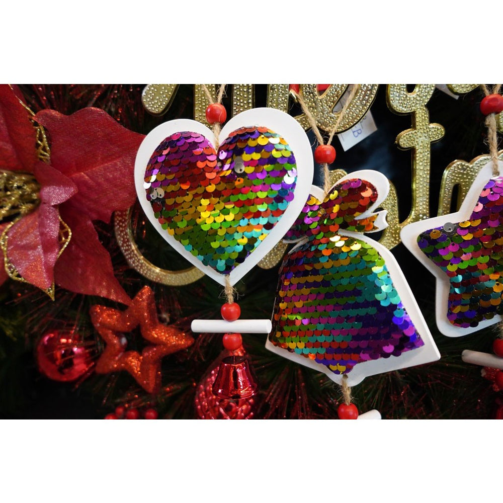 Ornament de brad clopotel din paiete, multicolor, lemn, 18 cm