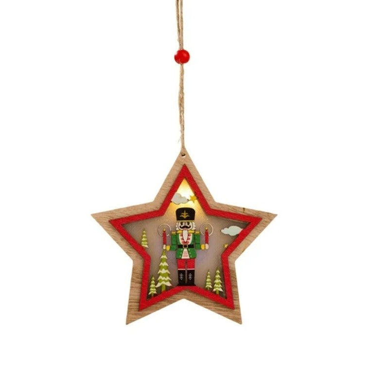 Ornament de Brad, cu Lumini LED, din Lemn, Figurina Spargatorul de Nuci, Model Stea, Multicolor