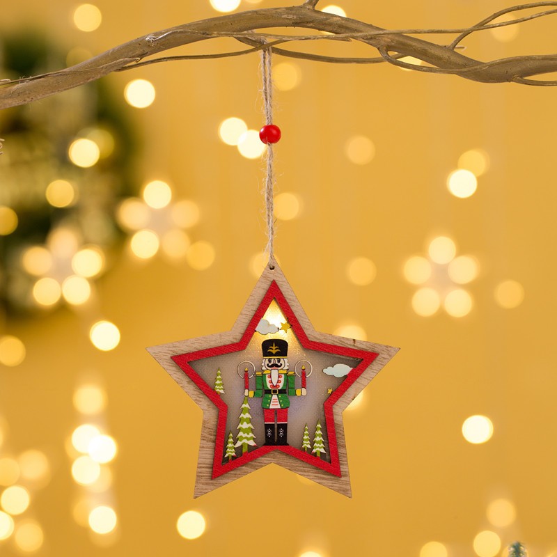 Ornament de Brad, cu Lumini LED, din Lemn, Figurina Spargatorul de Nuci, Model Stea, Multicolor