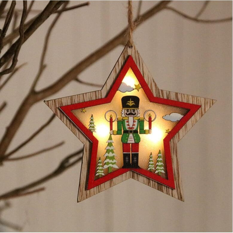 Ornament de Brad, cu Lumini LED, din Lemn, Figurina Spargatorul de Nuci, Model Stea, Multicolor