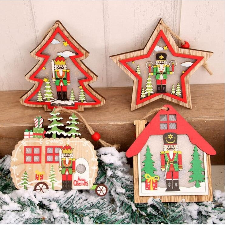Ornament de Brad, cu Lumini LED, din Lemn, Figurina Spargatorul de Nuci, Model Stea, Multicolor