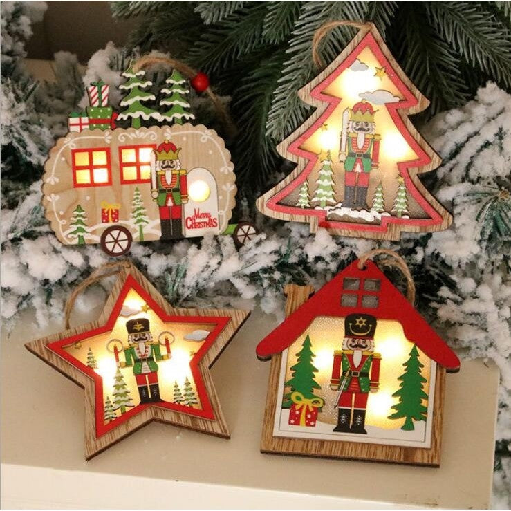 Ornament de Brad, cu Lumini LED, din Lemn, Figurina Spargatorul de Nuci, Model Stea, Multicolor