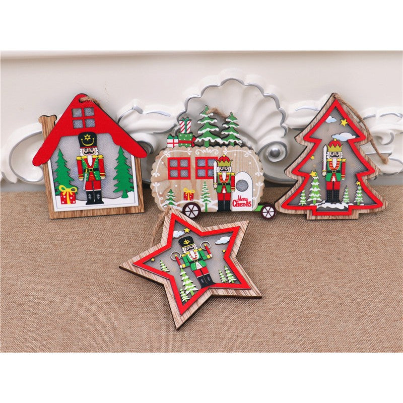Ornament de Brad, cu Lumini LED, din Lemn, Figurina Spargatorul de Nuci, Model Stea, Multicolor