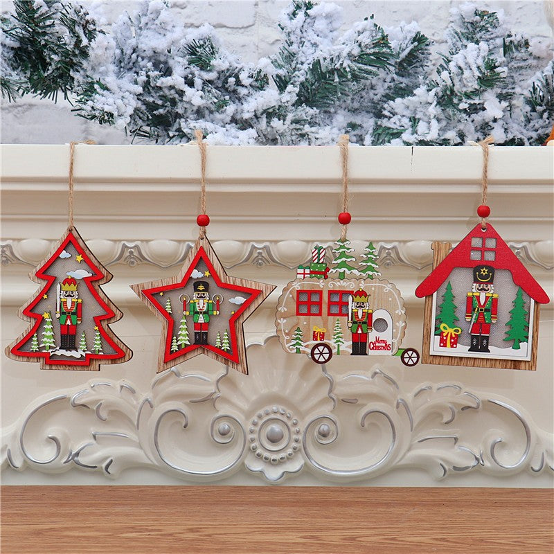 Ornament de Brad, cu Lumini LED, din Lemn, Figurina Spargatorul de Nuci, Model Stea, Multicolor