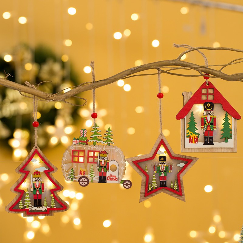 Ornament de Brad, cu Lumini LED, din Lemn, Figurina Spargatorul de Nuci, Model Stea, Multicolor