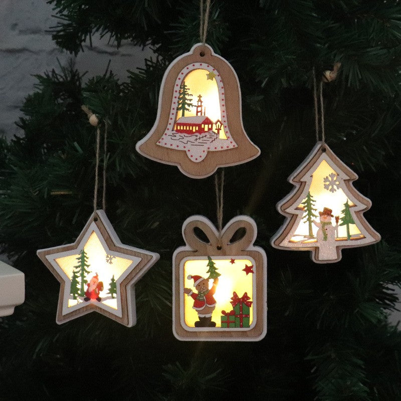 Ornament de Brad, cu Lumini LED, din Lemn, Model Brad, Multicolor