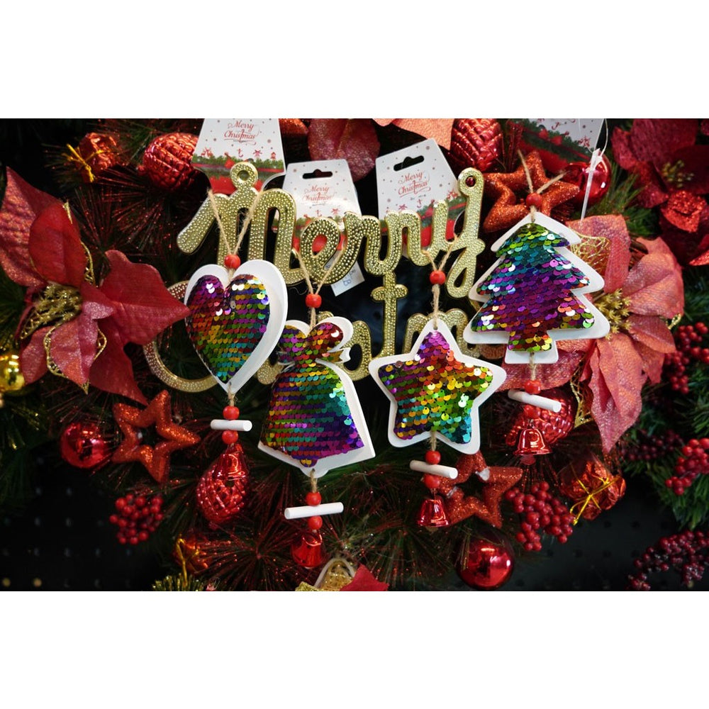 Ornament de brad pom de craciun din paiete, multicolor, lemn, 18 cm