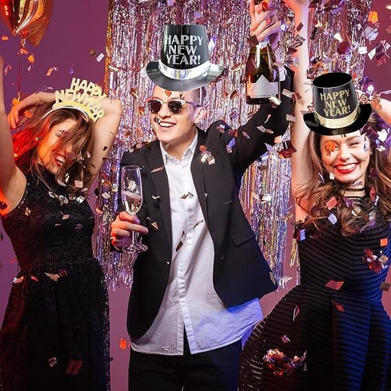 Palarie Tip Lincoln, Model Happy New Year cu Ceasuri, Accesoriu Petrecere de Anul Nou, Marime Universala, din Carton, Negru/Argintiu