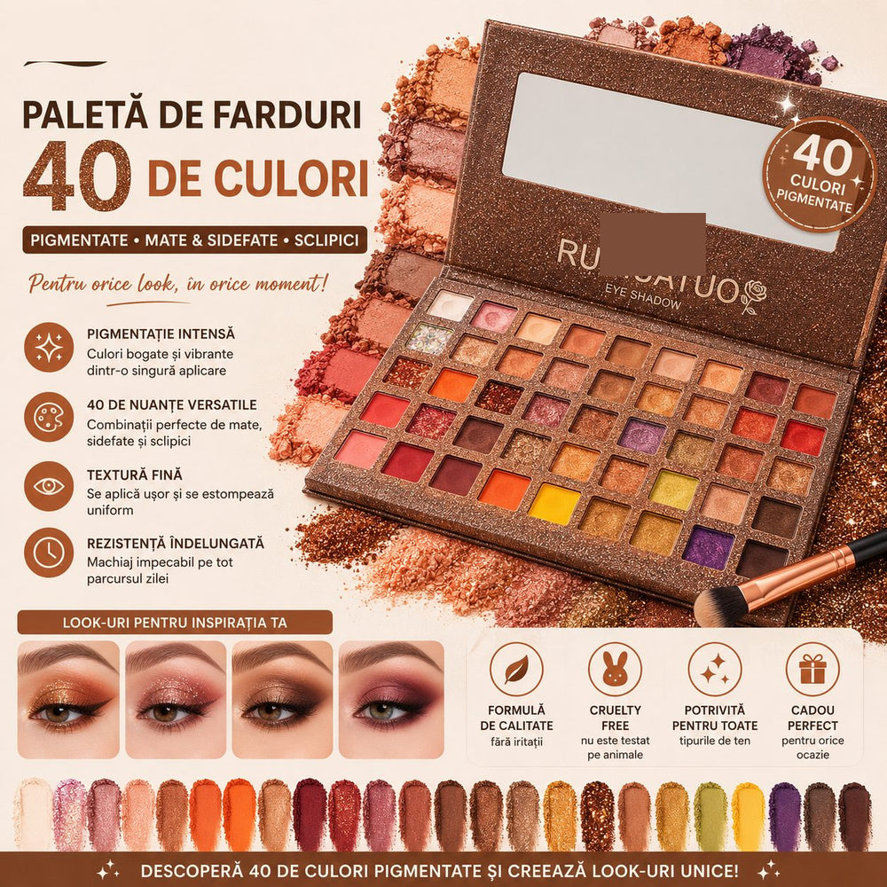 Paleta de farduri cu 40 de culori pigmentate, Maro cu sclipici
