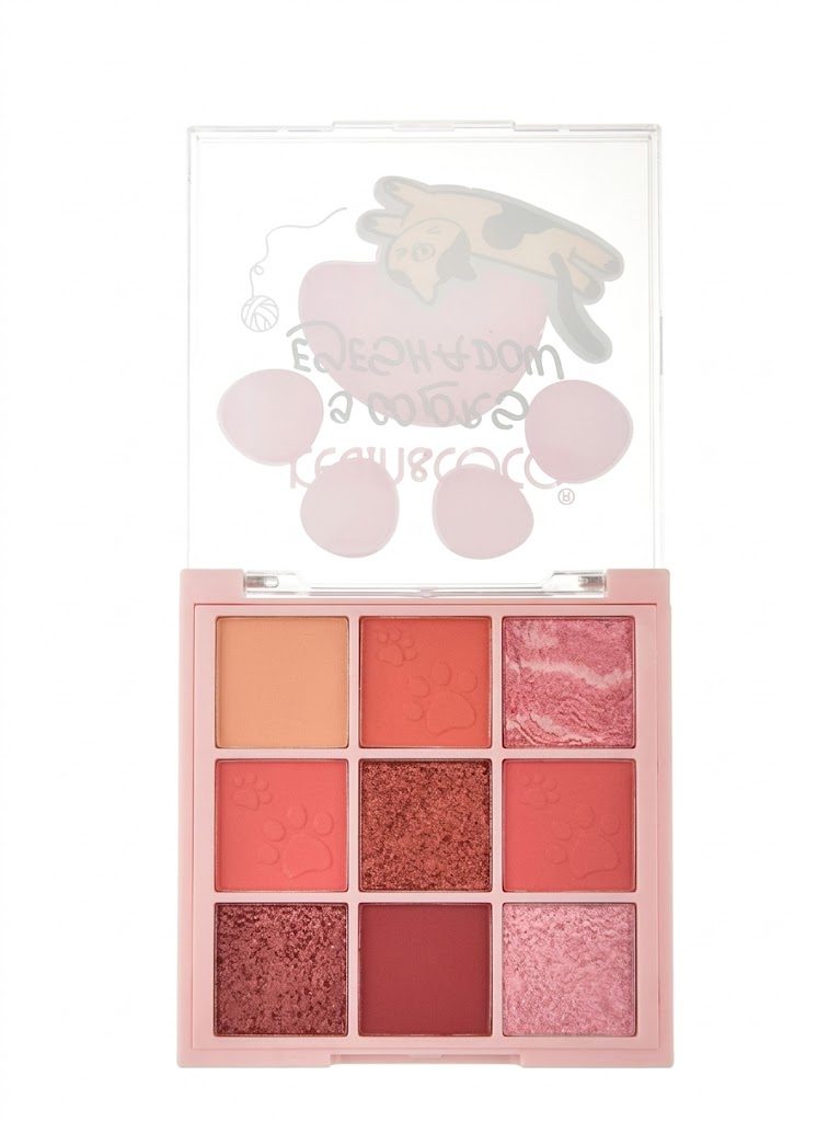 Paleta de Machiaj pentru Ochi, KEVIN & COCO 7.6x7.6x1.3cm, Cat Shadow, Model 1, 9 Nuante Naturale, Farduri Mate si Sidefate si Glitter pentru Look-uri de Zi si Seara, Cu Oglinda Integrata, Bej Piersic