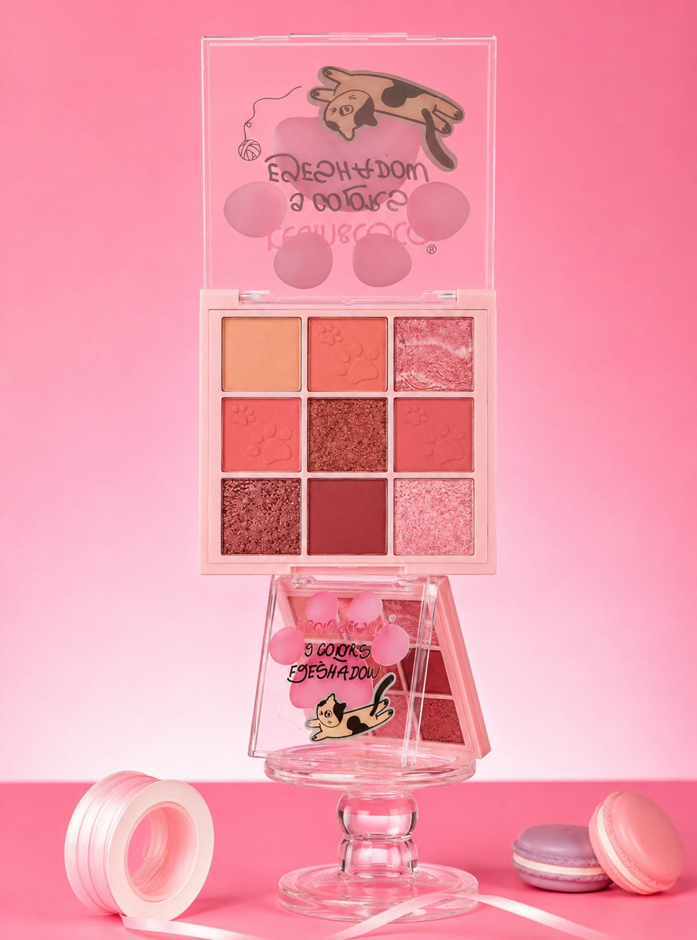 Paleta de Machiaj pentru Ochi, KEVIN & COCO 7.6x7.6x1.3cm, Cat Shadow, Model 1, 9 Nuante Naturale, Farduri Mate si Sidefate si Glitter pentru Look-uri de Zi si Seara, Cu Oglinda Integrata, Bej Piersic