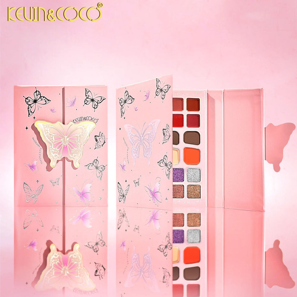 Paleta de Machiaj Profesionala KEVIN & COCO Glowy Butterfly Makeup Book, 96 Nuante, Trusa Multifunctionala pentru Ochi, Buze si Fata, Farduri Mate si Sidefate, Blush, Iluminatoare si Produse, pentru Toate Tipurile de Ten, 21 x 16.5 x 3.6 cm, Roz