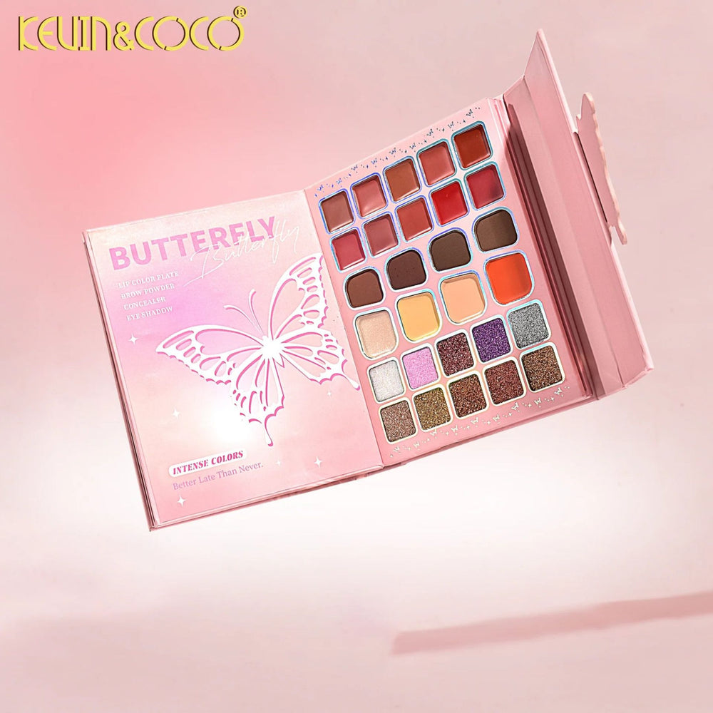 Paleta de Machiaj Profesionala KEVIN & COCO Glowy Butterfly Makeup Book, 96 Nuante, Trusa Multifunctionala pentru Ochi, Buze si Fata, Farduri Mate si Sidefate, Blush, Iluminatoare si Produse, pentru Toate Tipurile de Ten, 21 x 16.5 x 3.6 cm, Roz