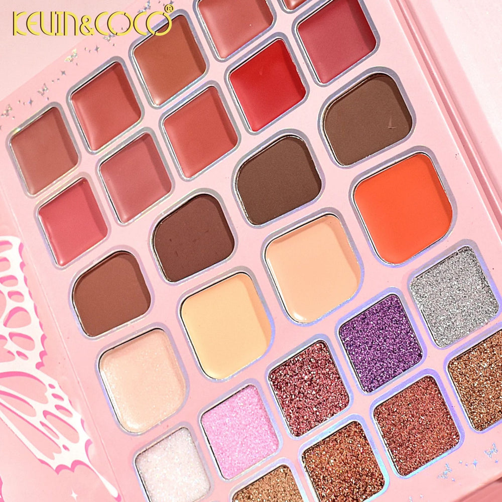 Paleta de Machiaj Profesionala KEVIN & COCO Glowy Butterfly Makeup Book, 96 Nuante, Trusa Multifunctionala pentru Ochi, Buze si Fata, Farduri Mate si Sidefate, Blush, Iluminatoare si Produse, pentru Toate Tipurile de Ten, 21 x 16.5 x 3.6 cm, Roz