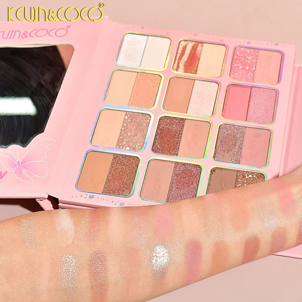 Paleta de Machiaj Profesionala KEVIN & COCO Glowy Butterfly Makeup Book, 96 Nuante, Trusa Multifunctionala pentru Ochi, Buze si Fata, Farduri Mate si Sidefate, Blush, Iluminatoare si Produse, pentru Toate Tipurile de Ten, 21 x 16.5 x 3.6 cm, Roz