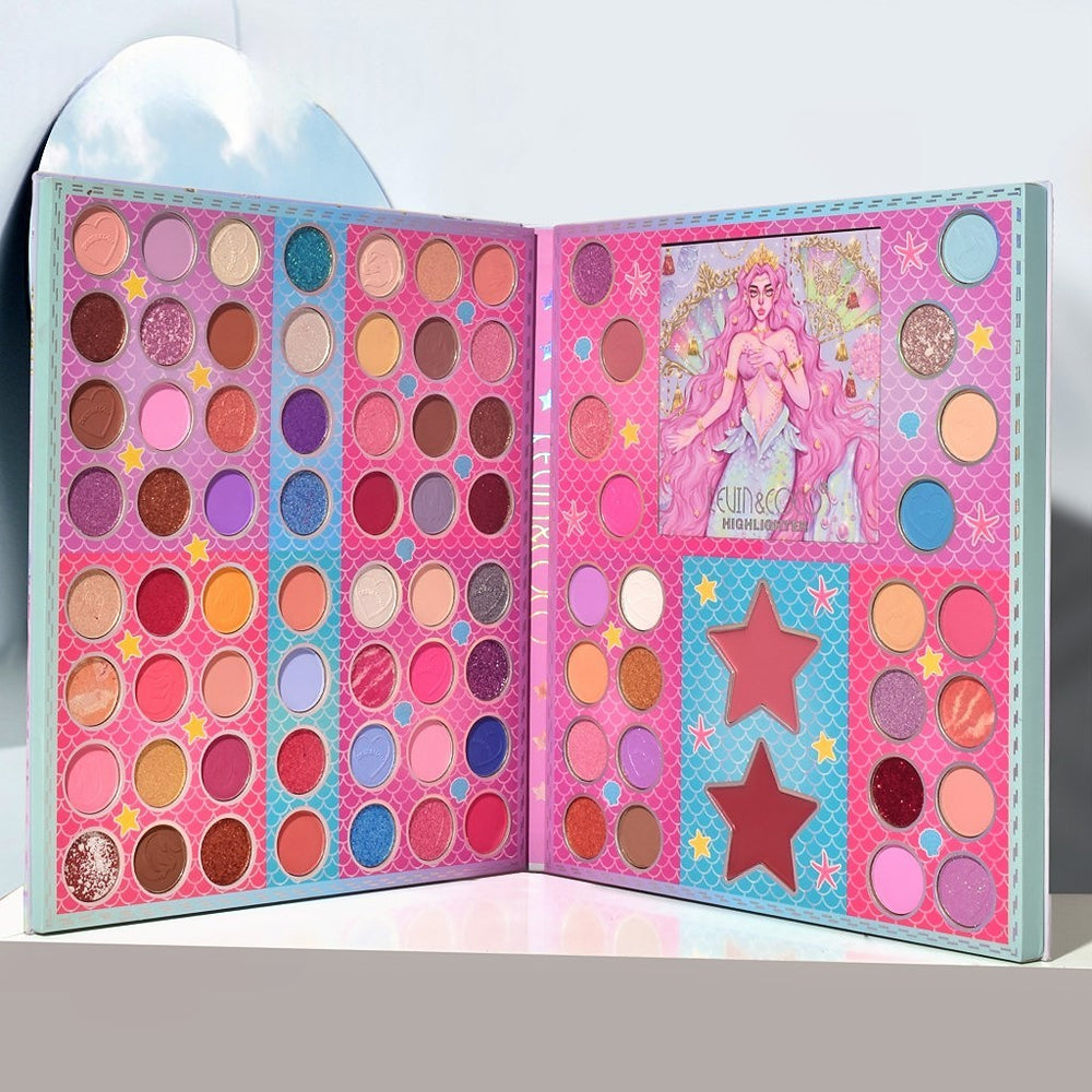 Paleta de Machiaj Profesionala KEVIN & COCO Mermaids, 86 Culori, Trusa Completa pentru Ochi si Fata, Farduri Mate, Sidefate si Glitter, Blush, Iluminator si Contur, Pigmentare Intensa, 23.5 x 25 x 2.1 cm, Multicolor