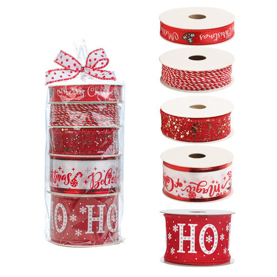 Panglica Decorativa cu Tematica de Craciun, Set din 4 bucat + 1 Rulon Ata Rosie Alba, Panglica pentru Cadou de Craciun Brad si Decor, 2 M per bucata, Model HO HO HO, Rosu