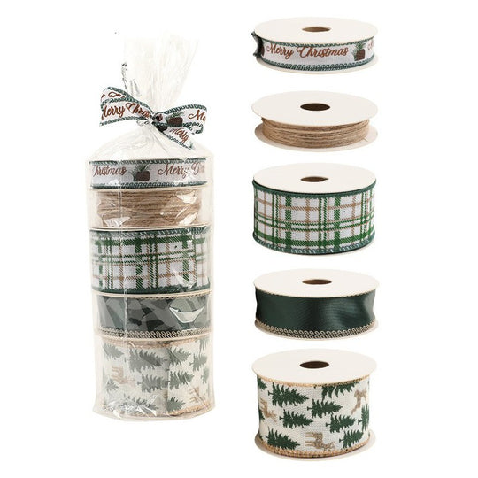 Panglica Decorativa cu Tematica de Craciun, Set din 4 bucat + 1 Rulon Ata Maro, Panglica pentru Cadou de Craciun Brad si Decor, 2 M per bucata, Model Brad, Alb Verde