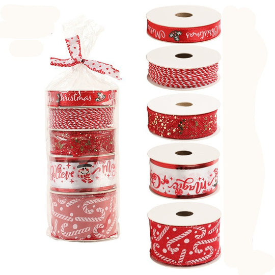 Panglica Decorativa cu Tematica de Craciun, Set din 4 bucat + 1 Rulon Ata Rosie Alba, Panglica pentru Cadou de Craciun Brad si Decor, 2 M per bucata, Model Acadele, Rosu
