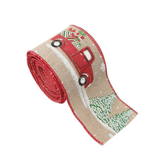 Panglica Decorativa pentru Craciun, Ornament pentru Brad de Craciun, Pretreceri, Panglica cu Design Masina Rosie, 200 x 6.3 cm, Khaki