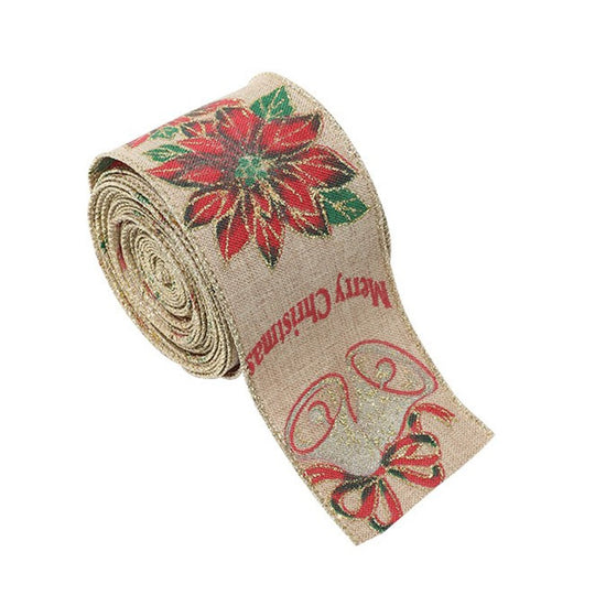 Panglica Decorativa pentru Craciun, Ornament pentru Brad de Craciun, Pretreceri, Panglica cu Design Floare Rosie si Merry Christmas, 200 x 6.3 cm, Khaki