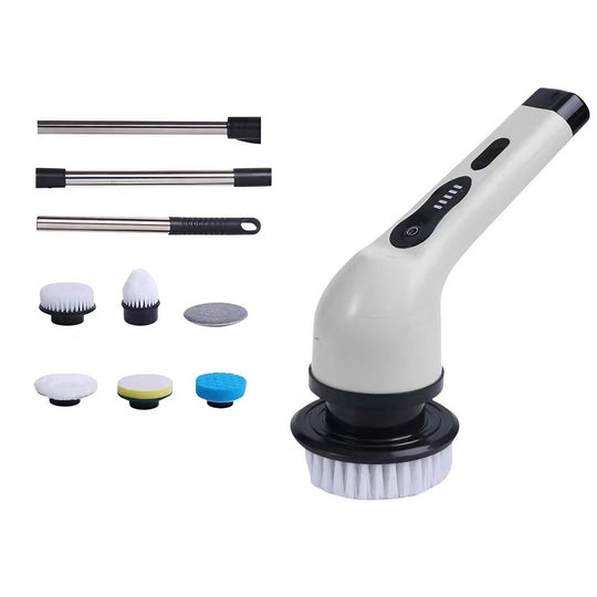 Perie Electrica de Curatare, pentru Gresie, Baie, Bucatarie, 25x20x9.5 cm, cu 6 Capete, Maner Extensibil Detasabil 84-127cm, Incarcare USB-Type C, Rotire 360 de Grade, 3000 mAh, Culoare: Alb