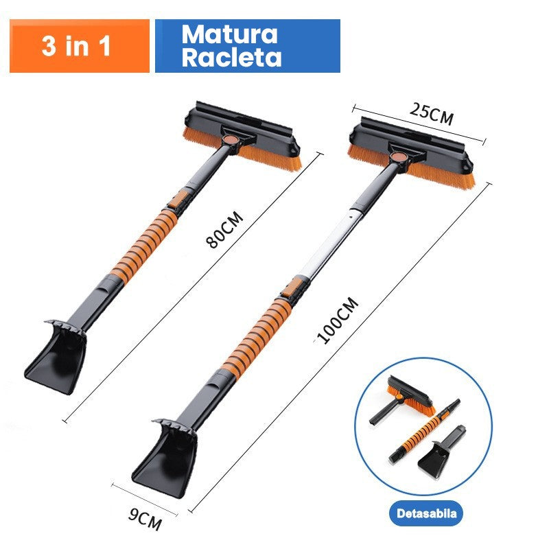 Perie si Racleta Rotativa 3 in 1, Perie Auto pentru Zapada, Telescopica, Detasabila, Material Aluminiu si ABS, 100 x 25 cm, Negru