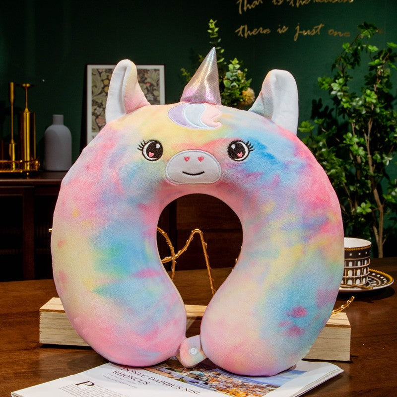 Perna de Calatorie in Forma de U, Pentru Gat si Cap, Umplutura din Spuma cu Memorie, 30x30 cm, Model Unicorn, Accesoriu de Voiaj, Birou, Masina, Sistem Prindere Capse, Multicolor