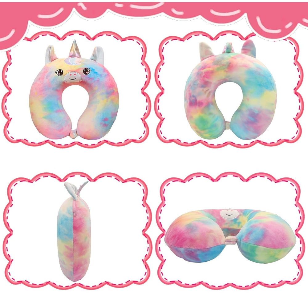 Perna de Calatorie in Forma de U, Pentru Gat si Cap, Umplutura din Spuma cu Memorie, 30x30 cm, Model Unicorn, Accesoriu de Voiaj, Birou, Masina, Sistem Prindere Capse, Multicolor