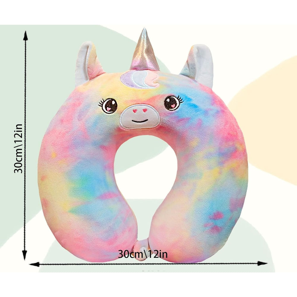 Perna de Calatorie in Forma de U, Pentru Gat si Cap, Umplutura din Spuma cu Memorie, 30x30 cm, Model Unicorn, Accesoriu de Voiaj, Birou, Masina, Sistem Prindere Capse, Multicolor