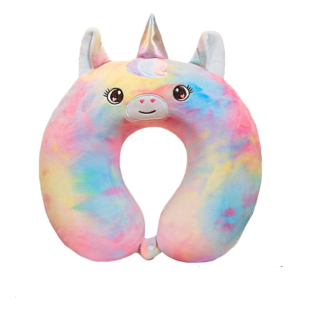 Perna de Calatorie in Forma de U, Pentru Gat si Cap, Umplutura din Spuma cu Memorie, 30x30 cm, Model Unicorn, Accesoriu de Voiaj, Birou, Masina, Sistem Prindere Capse, Multicolor